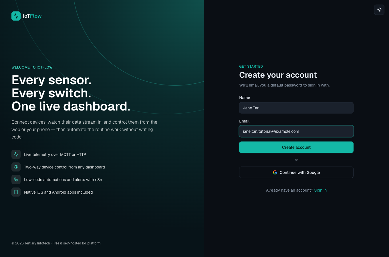Sign-up needs only a name and an email.