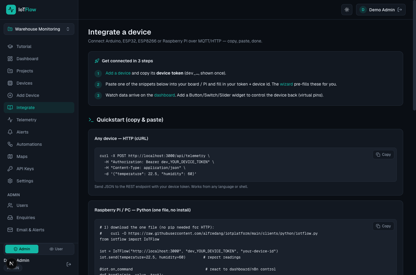 Copy-paste quickstart snippets on the Integrate page.