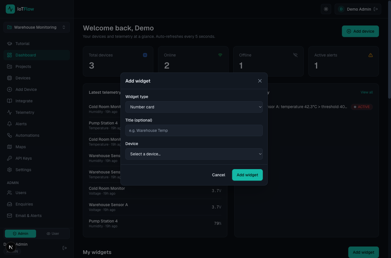 Choosing a widget type — Display and Control groups.