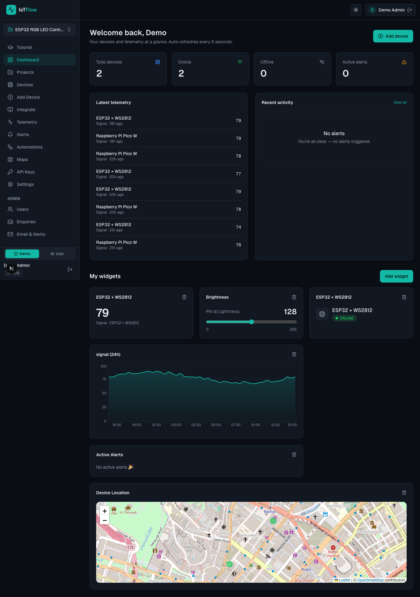 Switch and Slider control widgets on a live dashboard.