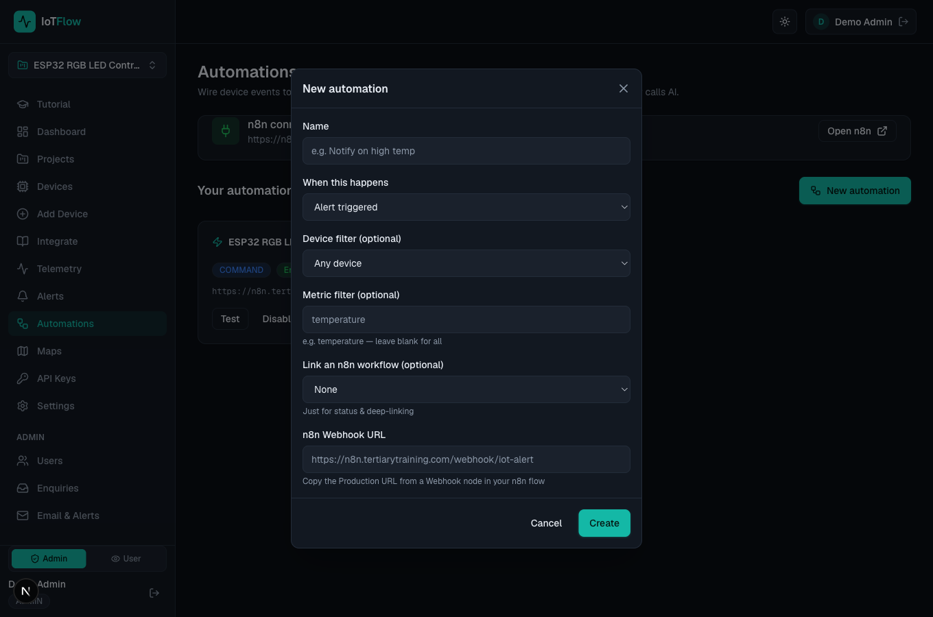 Linking a device event to an n8n webhook.