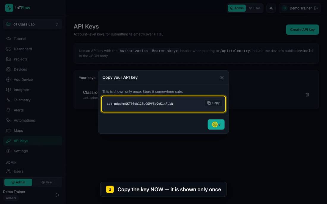 The full key appears once, right after you create it.