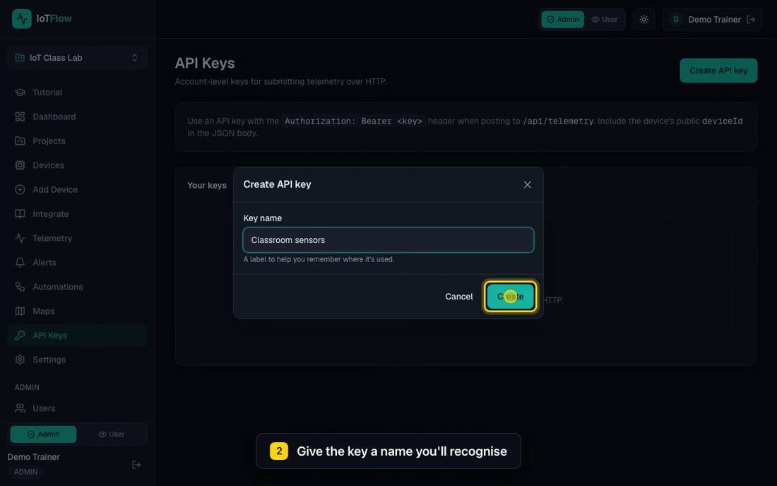 Naming a new API key.